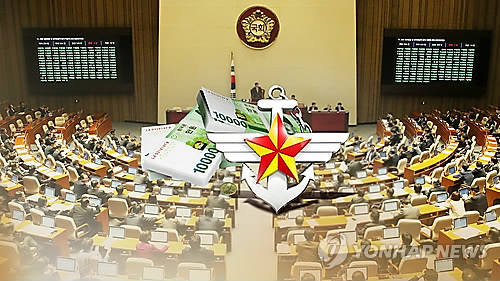 Undated graphic image shows the symbol of South Korea's defense ministry and a pile of bank notes against the background of the National Assembly. (Yonhap)