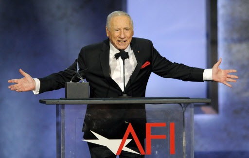 Honoree Mel Brooks addresses the audience during the American Film Institute’s 41st Lifetime Achievement Award Gala at the Dolby Theatre in Los Angeles. (AP-Yonhap)