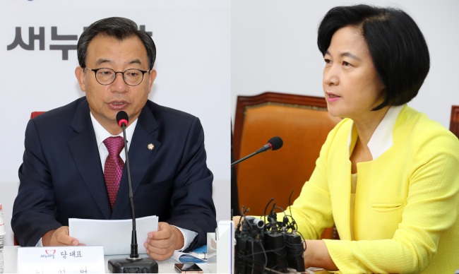The ruling Saenuri Party’s leader Rep. Lee Jung-hyun (left) and the main opposition The Minjoo Party of Korea’s leader Rep. Choo Mi-ae Tuesday urge the government for earthquake safety measures. Yonhap