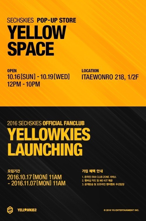 Poster for Sechs Kies’ upcoming pop-up store and official fan club (YG Entertainment)