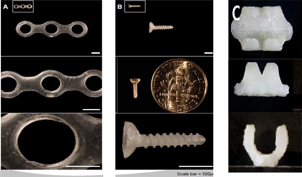 Silk protein-based bone plates, screws and clips created using a specialized medical 3-D printer. (Rural Development Administration)