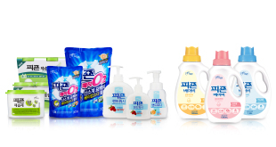 Pigeon’s best-selling products: (from left) closet dehumidifier, bleach powder, hand soap and detergent for baby clothes (Pigeon)