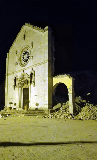 The Basilica of San Benedetto stands destroyed by the earthquake in Norcia, Umbria region, central Italy, Tuesday. (EPA-Yonhap)