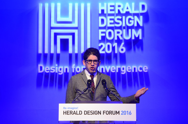 Yancey Strickler, CEO of Kickstarter, speaks at the Herald Design Forum 2016 held at the Grand Hyatt Seoul on Tuesday. (Park Hae-mook/The Korea Herald)