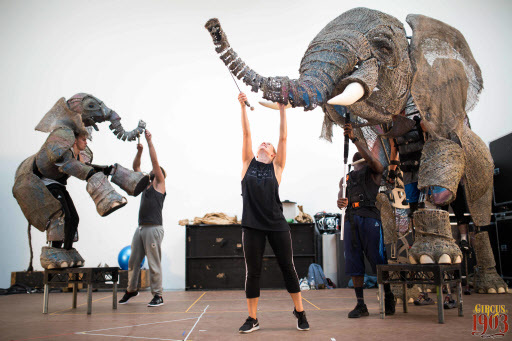 This image released by DKC shows two life-size elephants created by puppeteers and model-makers for the new touring show “Circus 1903.” (AP-Yonhap)