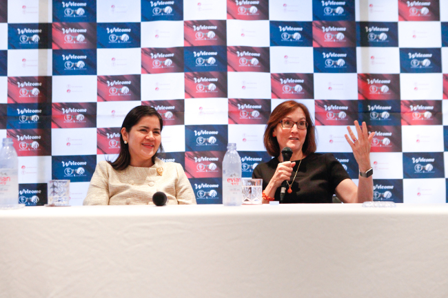 Asia Cultural Council Chairman Wendy O’Neill (right) with ACC Executive Director Miho Walsh, at a press briefing at Namsan Art Center in Seoul on Monday. (Seoul Institute of the Arts)