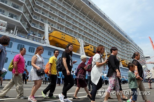 Chinese travelers get off a 168,000-ton cruise ship, the Ovation of the Seas, upon its arrival in the southern port city of Busan on June 30, 2016. (Yonhap)