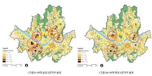 20대 남성·여성 1인 가구 분포도 (사진=서울연구원제공)