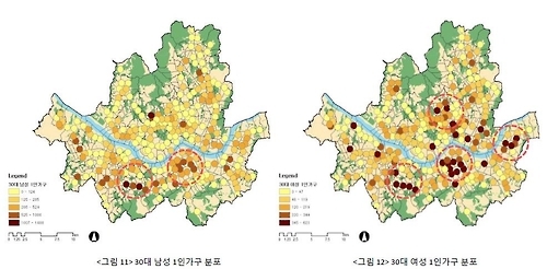 30대 남성·여성 1인 가구 분포도 (사진=서울연구원제공)