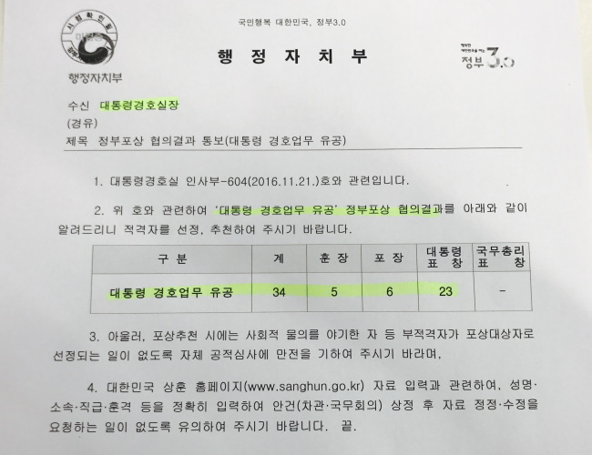 행정자치부 '정부포상 협의결과 통보' 문건 (박세환 기자/코리아헤럴드)