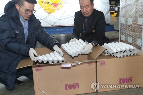 Officials from the Animal and Plant Quarantine Agency inspect imported eggs that arrived at the Incheon International Airport, west of Seoul, on Jan. 14, 2017. (Yonhap)