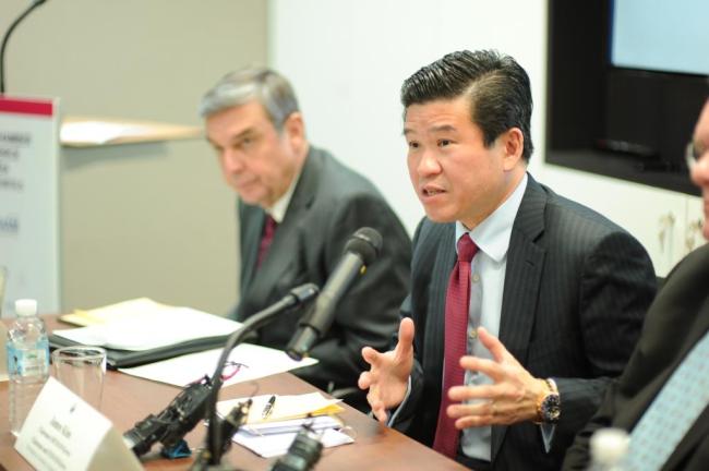 AmCham Korea Chairman James Kim (right) speaks during a press conference held at the AmCham headquarters in Seoul on Wednesday. (AmCham Korea)