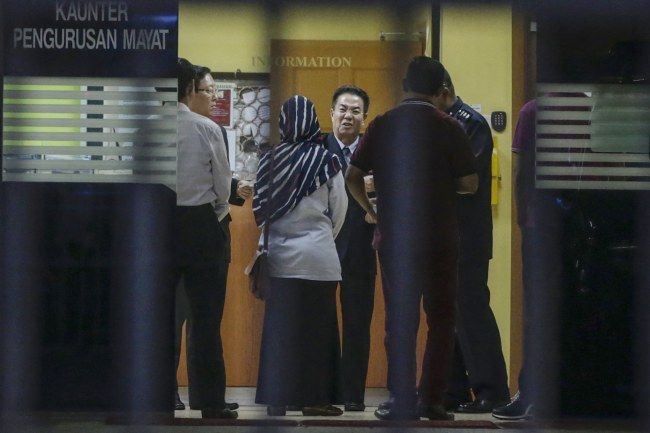 North Korea's ambassador to Malaysia, Kang Chol (center) reacts inside the mortuary of the Forensic Department of the Kuala Lumpur General Hospital, in Kuala Lumpur, Malaysia, on Wednesday.(EPA-Yonhap)