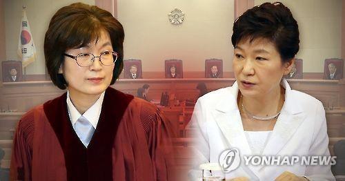 This image shows President Park Geun-hye (right) and Lee Jung-mi, acting chief of the Constitutional Court. (Yonhap)