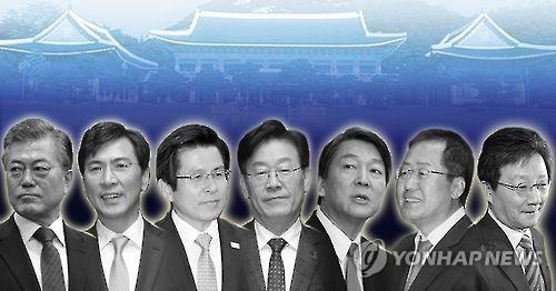 From left to right -- Moon Jae-in, former head of the Democratic Party; South Chungcheong Gov. An Hee-jung; Acting President and Prime Minister Hwang Kyo-ahn; Seongnam Mayor Lee Jae-myung; Rep. Ahn Cheol-soo of the People's Party; South Gyeongsang Gov. Hong Joon-pyo; Rep. Yoo Seong-min of the Bareun Party (Yonhap)