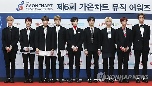 This file photo shows members of SM Entertainment`s boy band NCT 127 at the 2016 Gaon Chart Music Awards held at the Olympic Park in southern Seoul on Feb. 22, 2017. (Yonhap)