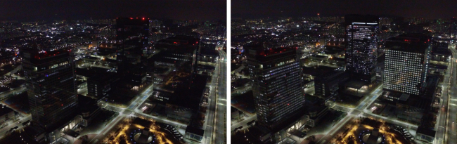 Samsung Electronics’ Suwon Digital City before (left) and after turning its lights off Tuesday as part of the Turn Off Your Light campaign along with 51 of its global sales corporations. Yonhap