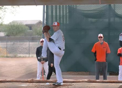 In this undated photo provided by the Lotte Giants baseball club, Parker Markel prepares to make a pitch during the team's spring training. (Yonhap)