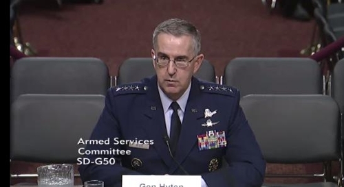 US Air Force Gen. John Hyten, commander of the US Strategic Command, speaks during a Senate Armed Forces Committee hearing on April 4.