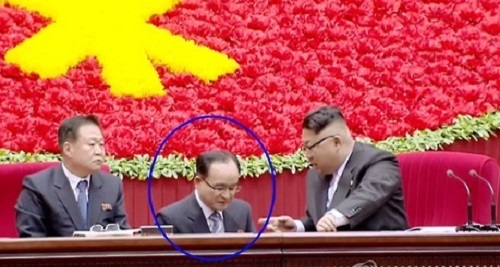 Jo Yong-won (C), an official in the ruling Workers' Party of Korea, who listened to instruction by North Korean leader Kim Jong-un (R) at a party event in Pyongyang. Jo is a deputy director of the Organization & Guidance Department under the ruling party. (For Use Only in the Republic of Korea. No Redistribution) (Yonhap)