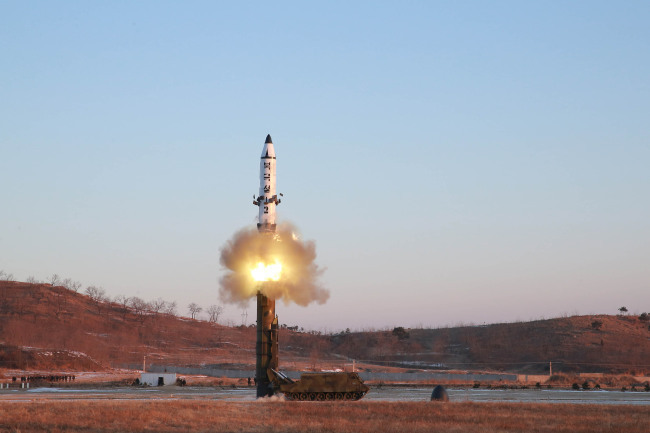 This photo unveiled by the communist country's Korean Central News Agency on Feb. 13, 2017, shows North Korea's launch of a new type of intermediate-range missile, also known as the Pukguksong-2. (For Use Only in the Republic of Korea. No Redistribution) (Yonhap)