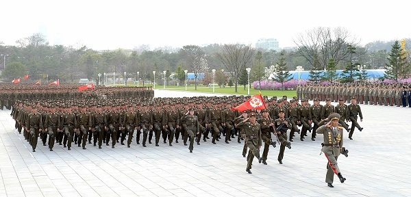 North Korean soldiers march in a parade at the plaza in front of the Kumsusan Palace of the Sun in Pyongyang on April 10, 2017, as they attend a ceremony to mark the April 15 birth anniversary of late founder Kim Il-sung. (For Use Only in the Republic of Korea. No Redistribution) (Korean Central News Agency)