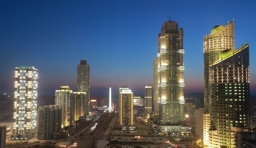A construction site for Ryomyong Street, a new skyscraper-lined residential area in Pyongyang. (For Use Only in the Republic of Korea. No Redistribution) (Yonhap)