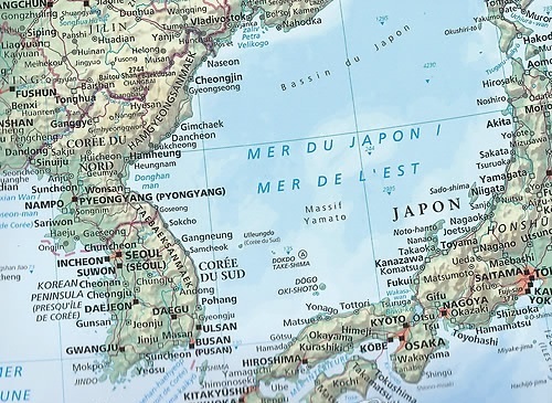 This provided photo shows the body of water between the Korean Peninsula and Japan being called both 