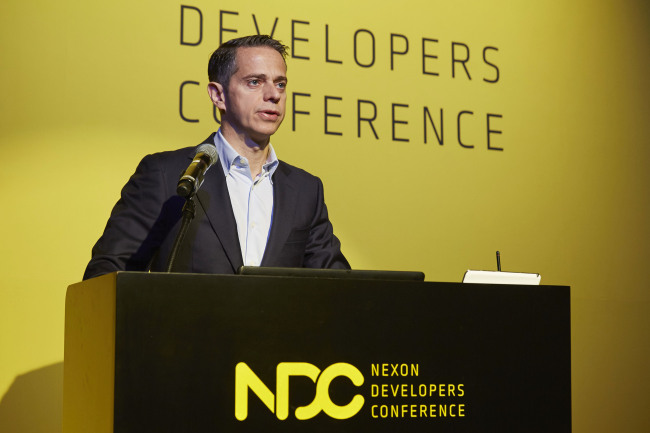 Nexon CEO Owen Mahoney delivers a keynote speech at the Nexon Developers Conference 2017 in Pangyo, Gyeonggi Province. (Nexon Korea)