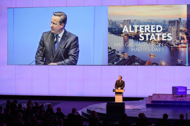 Former British Prime Minister David Cameron delivers a keynote address during the World Travel and Tourism Conference in Bangkok on Wednesday. (AFP-Yonhap)