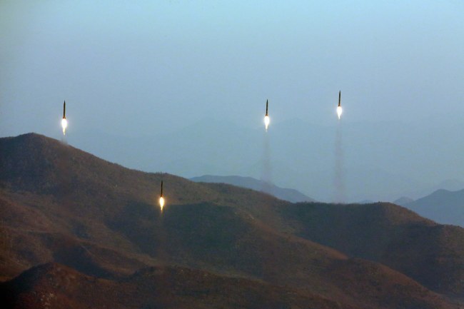 An undated file photo made available by the North Korean Central News Agency, the state news agency of North Korea, on 07 March 2017, shows four projectiles during a ballistic rocket launching drill of Hwasong artillery units of the Strategic Force of the Korean People's Army at an undisclosed location. (EPA/KCNA-Yonhap)