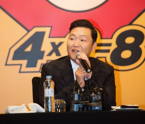 Singer Psy poses for a photo at a press conference for his new eighth album, “4x2=8,” at the Conrad Seoul in Yeongdeungpo-gu, Seoul, Wednesday. (YG Entertainment)