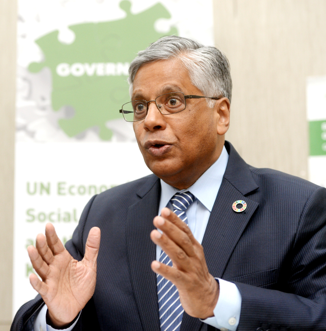 Kilaparti Ramakrishna, director of the subregional office for East and North East Asia of UN ESCAP, speaks during an interview with The Korea Herald on Friday at the Korea Federation of Banks building in Seoul. (Park Hyun-koo/The Korea Herald)
