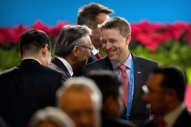 Matt Pottinger, Special Assistant to US President Donald Trump and National Security Council (NSC) Senior Director for East Asia (R) arrives for the opening ceremony of the Belt and Road Forum at the China National Convention Center (CNCC) in Beijing, Sunday. (AFP)