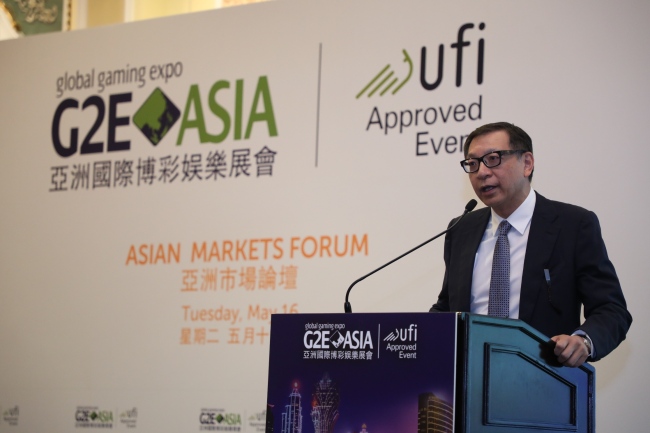 Francis Lui, vice chairman of Macau’s Galaxy Entertainment Group, gives the keynote address for the “Asian Markets Forum” at this year G2E Asia expo Tuesday. (MM Marketing Communications Consulting)