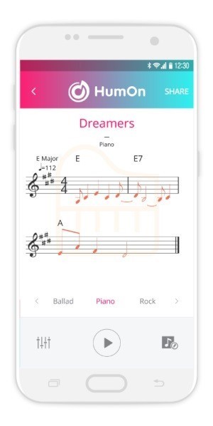 A screenshot of the music composition app HumOn, which was independently developed by COOLJAMM Company (COOLJAMM Company)