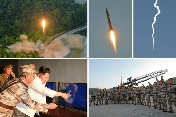 This set of photos, released by North Korea`s media on May 30, 2017, show its latest ballistic missile launch and leader Kim Jong-un inspecting the test. (For Use Only in the Republic of Korea. No Redistribution) (Yonhap)