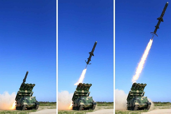 A set of photos carried by North Korea`s main newspaper, the Rodong Sinmun, on June 9, 2017, shows the test-firing of a new ground-to-ship cruise missile. (Yonhap)