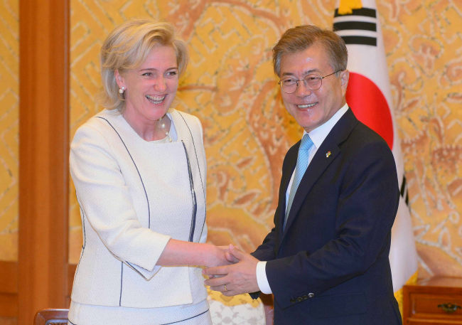 South Korean President Moon Jae-in meets with Princess Astrid of Belgium who is visiting Seoul as a special envoy of King Philippe. (Yonhap)