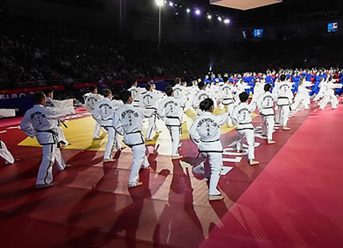Demonstration teams of the WTF and the North Korea-led International Taekwondo Federation perform during the opening ceremony of the WTF World Championships in Chelyabinsk, Russia, on May 13, 2015. (WTF)