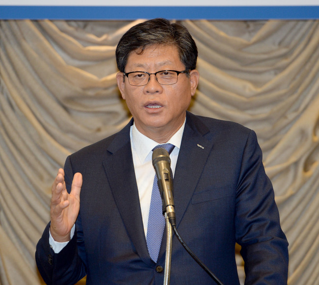 KOTRA President Kim Jae-hong speaks at a press conference marking its 55th anniversary in Seoul on Wednesday. (KOTRA)