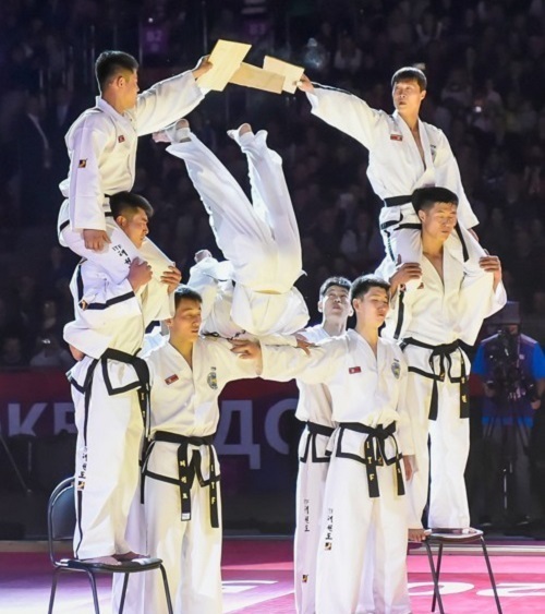 This undated photo provided by the World Taekwondo Federation shows a taekwondo demonstration team of the North Korea-lead International Taekwondo Federation. (Yonhap)