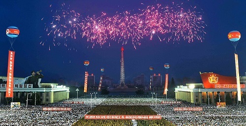 North Koreans celebrate with a mass gathering and fireworks the test-fire of the regime`s first intercontinental ballistic missile, Hwasong 14, in Pyongyang on Thursday. (Yonhap)