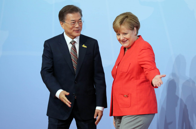 German Chancellor Angela Merkel meets Korean President Moon Jae-in during the G-20 summit talks in Hamburg on Friday