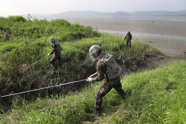 South Korean soldiers on Thursday search the Imjin River basin in Paju, Gyeonggi Province, for mines that may have been drifted from the North. (Yonhap)