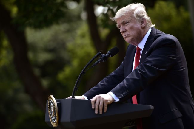 This file photo taken on June 1, 2017 shows American President Donald Trump announcing his decision to withdraw the US from the Paris Climate Accords in the Rose Garden of the White House in Washington, DC. (YONHAP PHOTO)