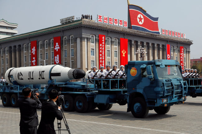 A North Korean navy truck carries the `Pukkuksong` submarine-launched ballistic missile (SLBM) during a military parade marking the 105th birth anniversary of country`s founding father, Kim Il Sung in Pyongyang, April 15.Yonhap