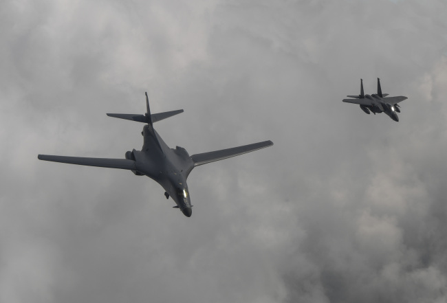 Two B-1B Lancers perform flyover the South Korean airspace. South Korea Air Force.