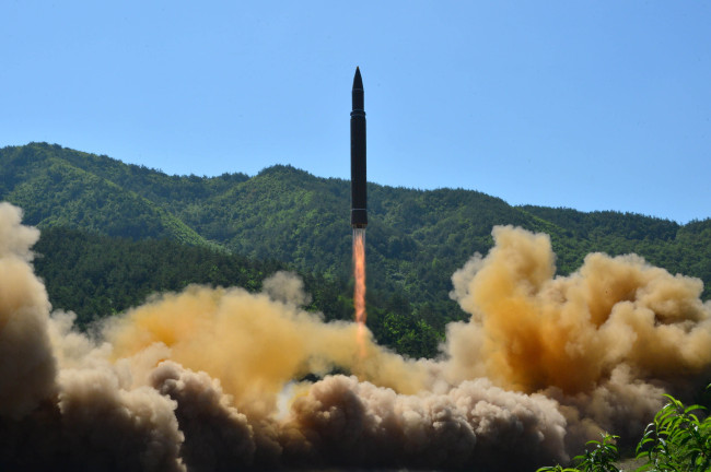 North Korea test-fires a Hwasong-14 ballistic missile on July 4. Yonhap