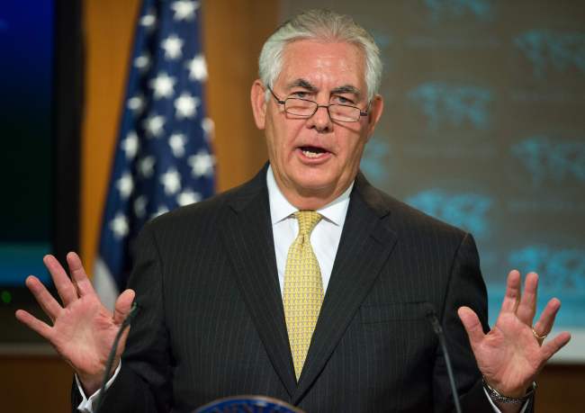 US Secretary of State Rex Tillerson speaks at a news conference on Tuesday in Washington. (AFP-Yonhap)